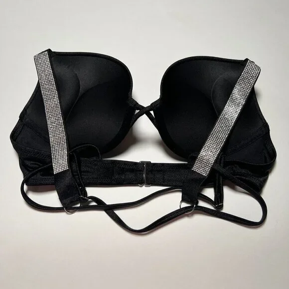 Victoria Secret 38C L Bombshell Push Up Bikini Top Set Glam Shine Strap Black